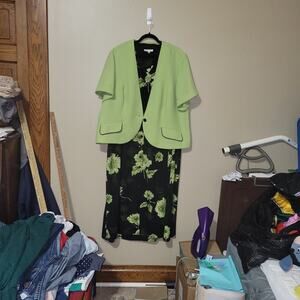 Dressbarn Woman Black Floral Dress Green Jacket Set Work Office Church Size 24W